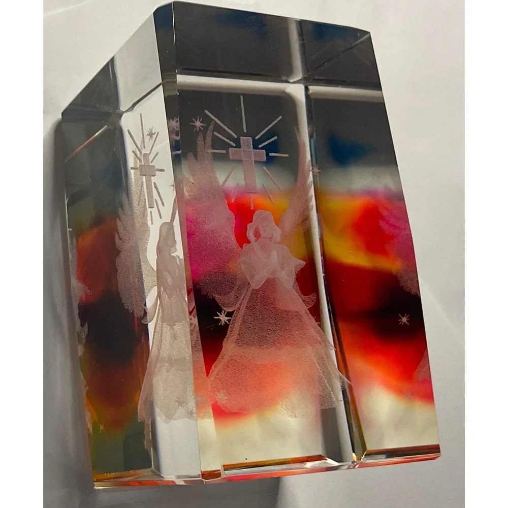 CRYSTAL GLASS ANGEL & CROSS SQUARE PAPERWEIGHT 3D LASER ETCHED RAINBOW COLORS